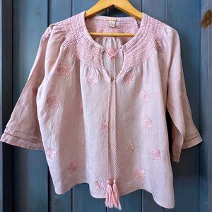 NWOT Magaschoni 100% Linen Blush Pink Embroidered Short Sleeve Tie Neck Top M